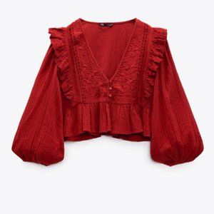 zara embroidered frilled top size medium nwt blouse with buttons